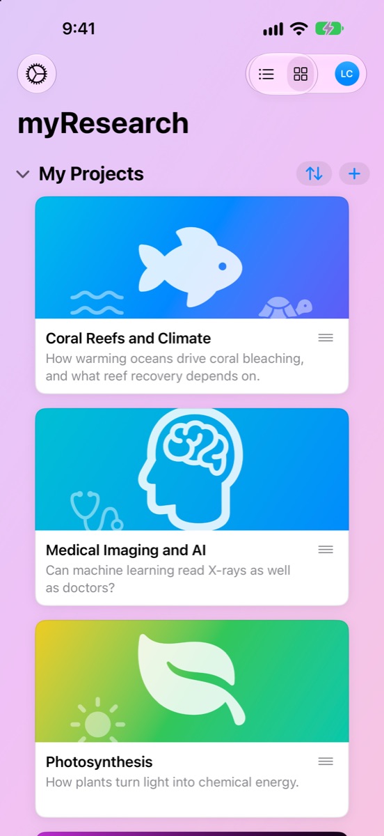 The myResearchQuill home screen with project cards