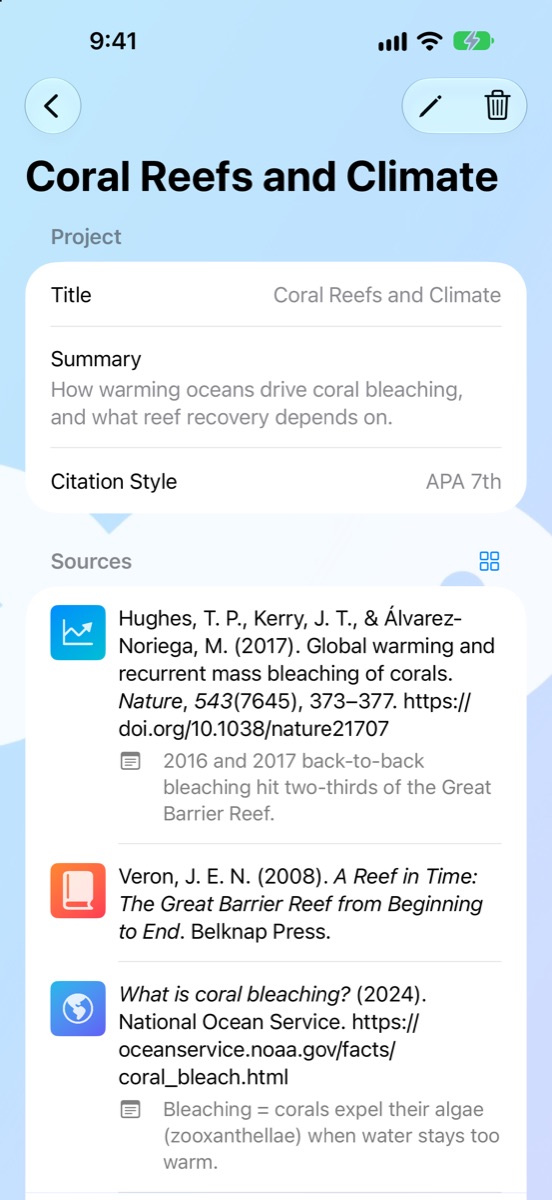 A project with its sources formatted in APA style